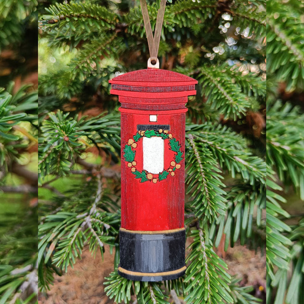 Hand Painted Traditional British Post Box with Wreath - Christmas Tree Ornament xx