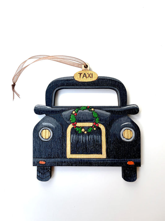 Hand Painted Traditional British Black Cab Taxi with Wreath - Christmas Tree Ornament