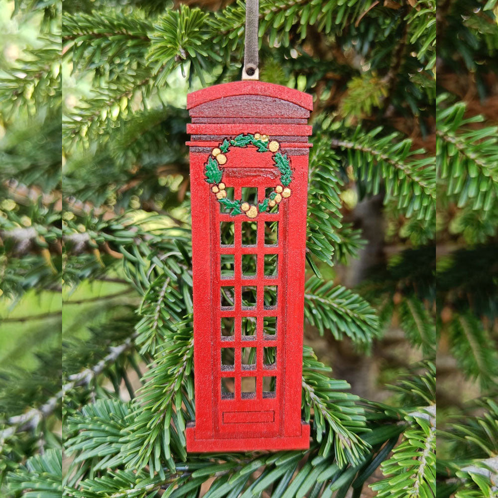 Hand Painted Traditional British Telephone Box with Wreath - Christmas Tree Ornament