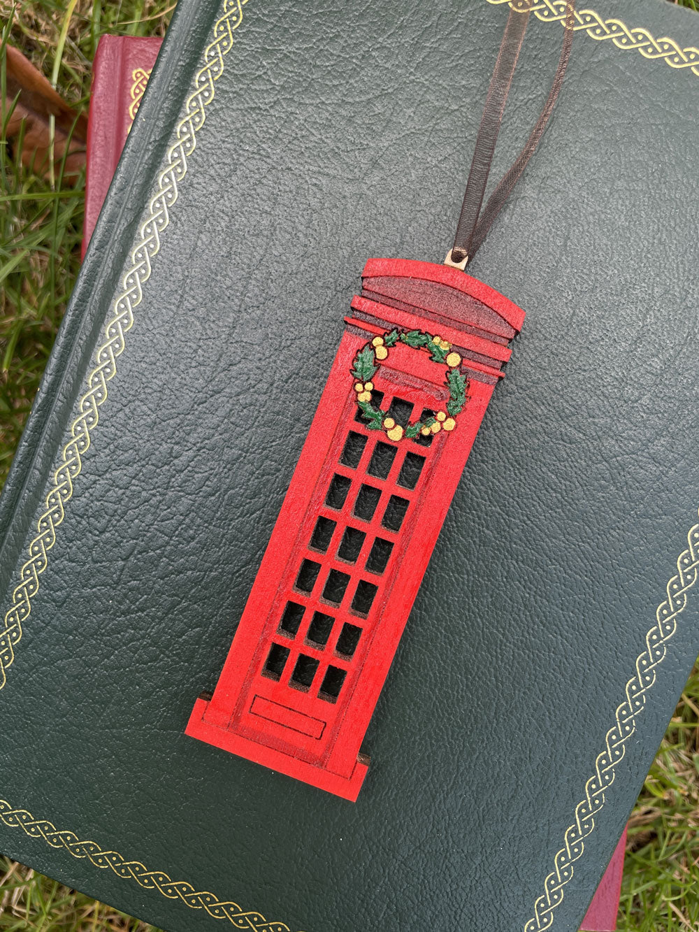 Hand Painted Traditional British Telephone Box with Wreath - Christmas Tree Ornament