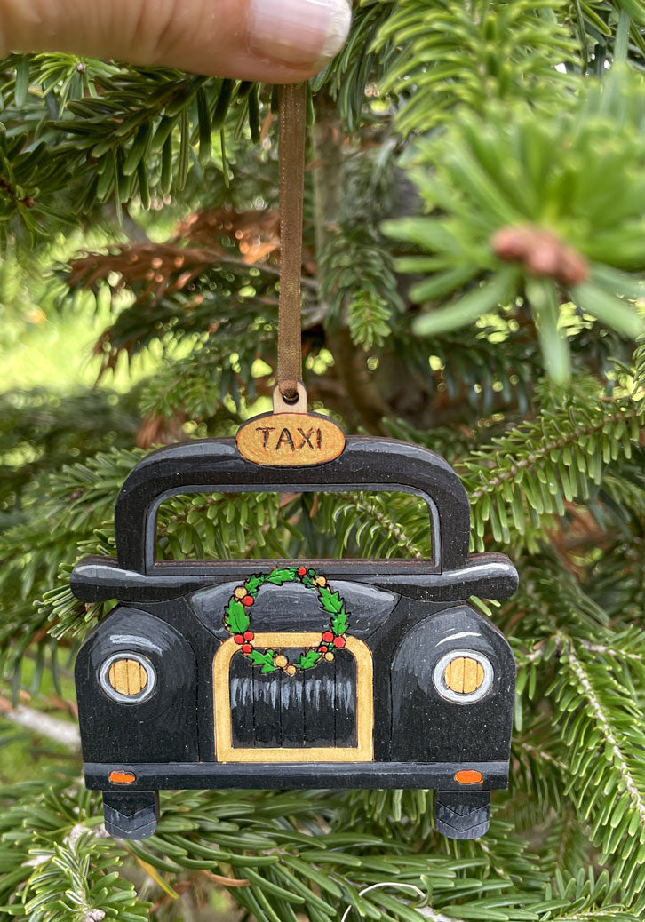 Hand Painted Traditional British Black Cab Taxi with Wreath - Christmas Tree Ornament