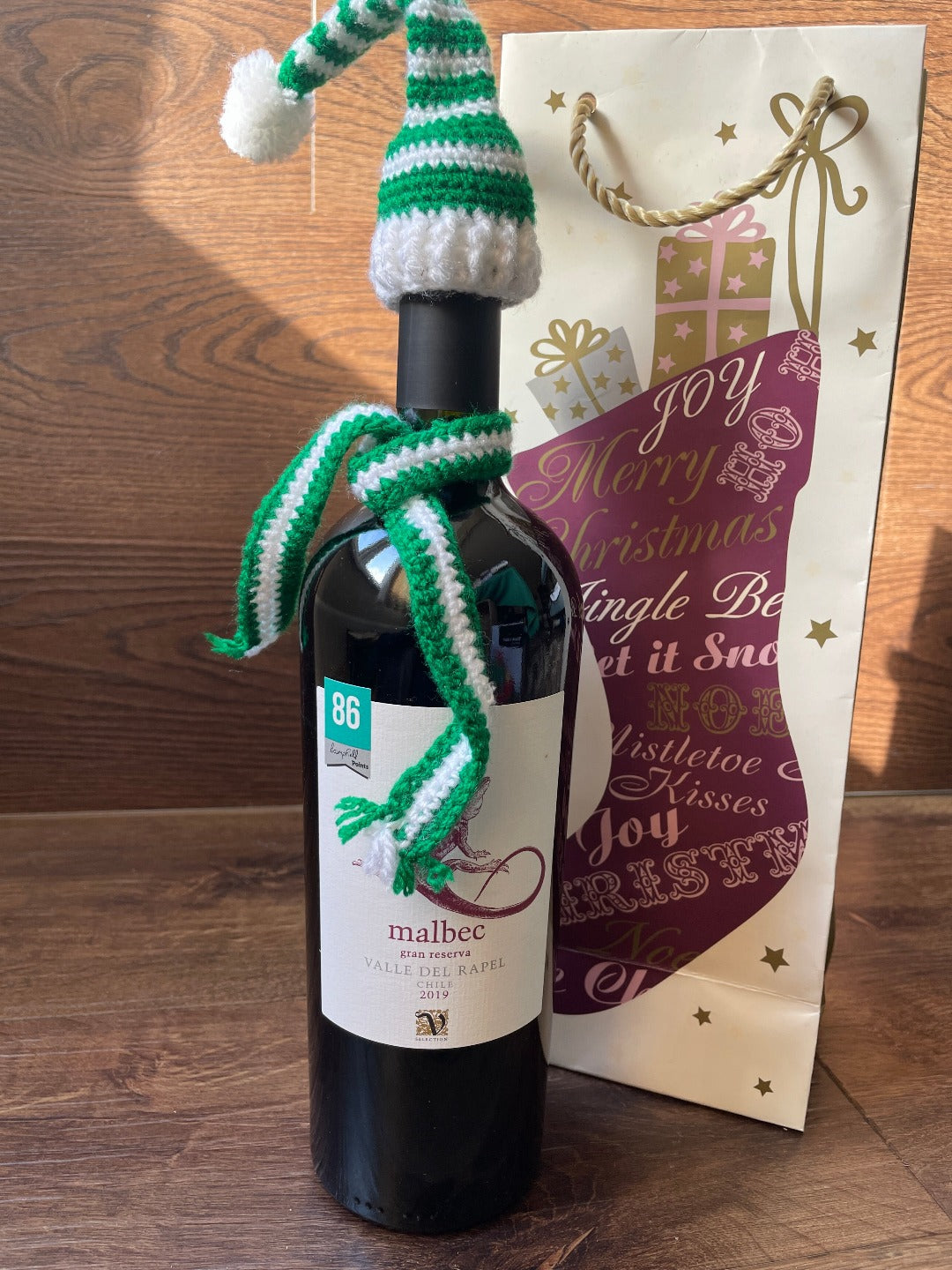 Crochet Holiday Hat and Scarf Wine Bottle Decor