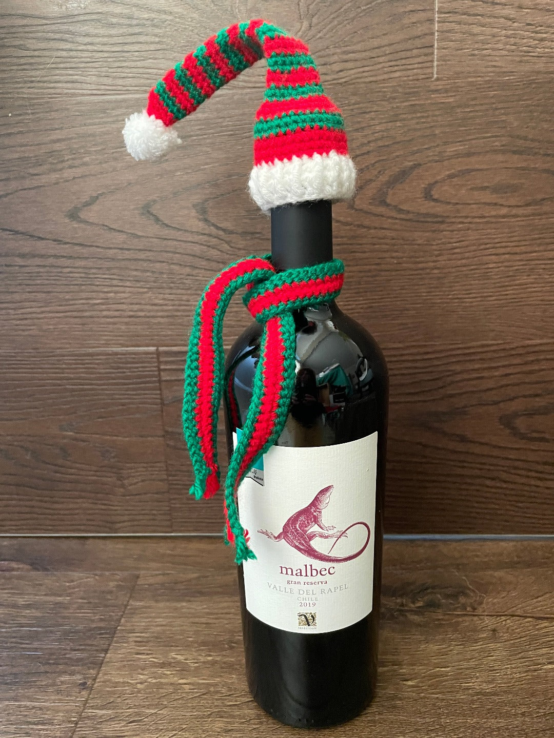 Crochet Holiday Hat and Scarf Wine Bottle Decor