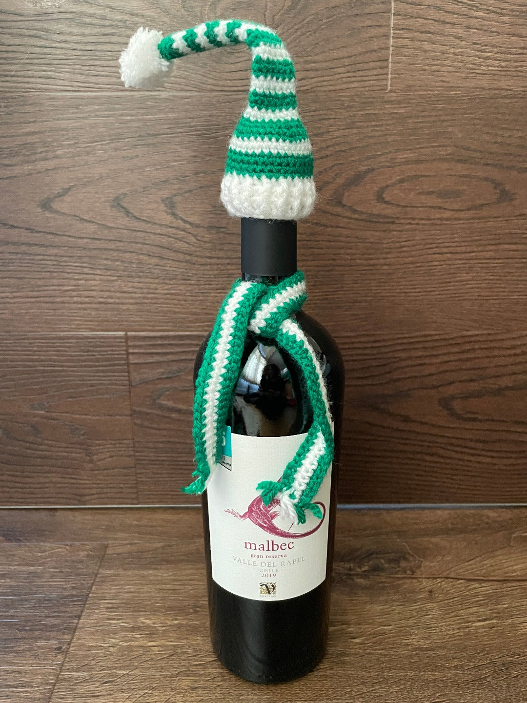 Crochet Holiday Hat and Scarf Wine Bottle Decor