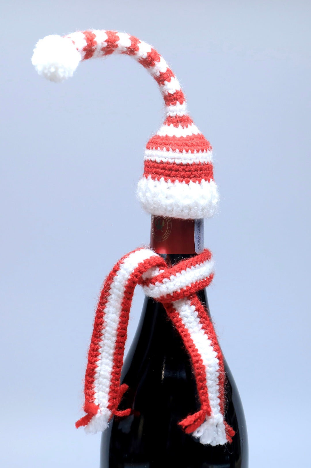 Crochet Holiday Hat and Scarf Wine Bottle Decor