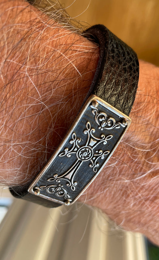 Armenian Cross Khachkar Bracelet 925 Sterling Silver & Leather