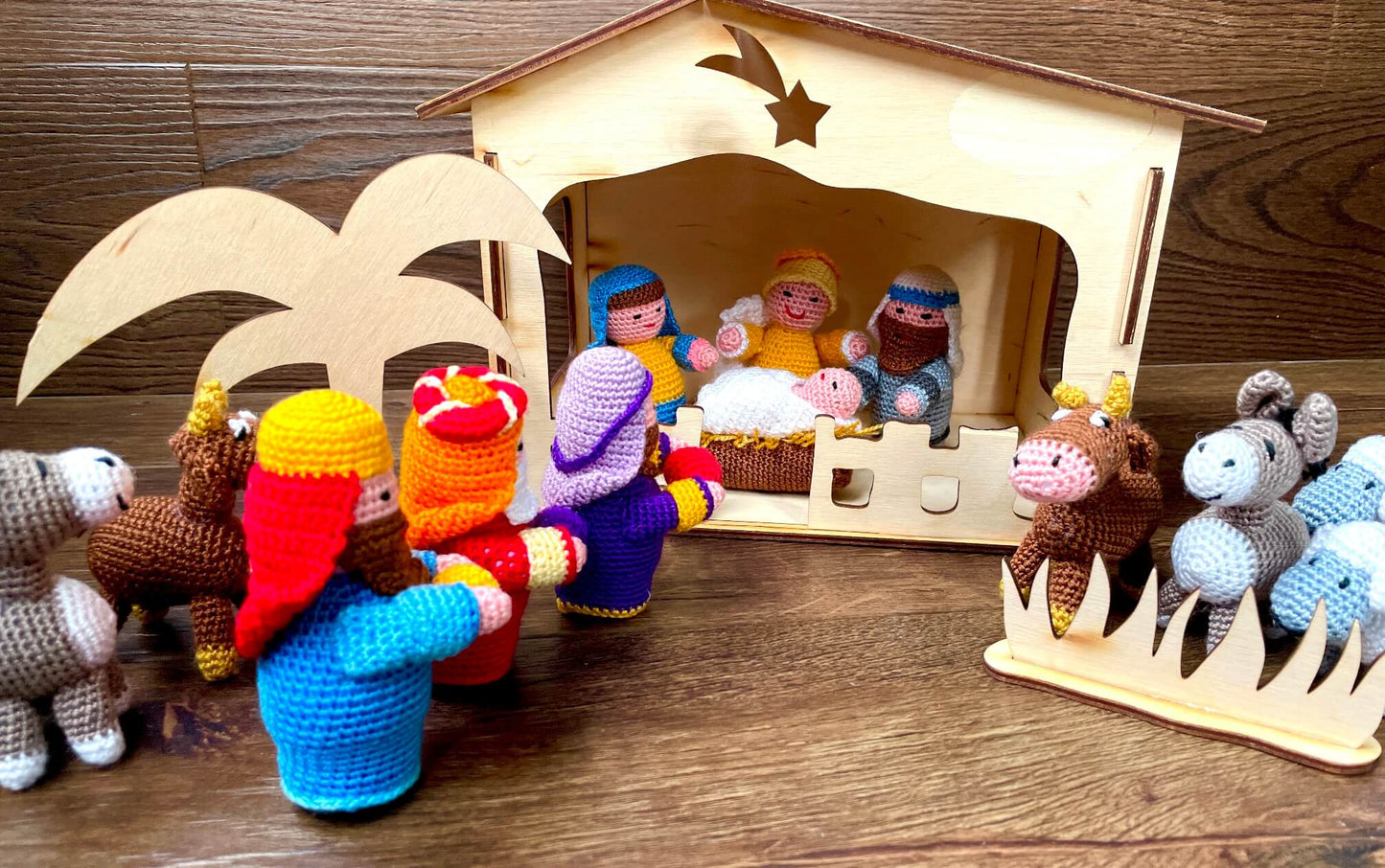 Crochet Christmas Nativity Scene Set with Wood Manger
