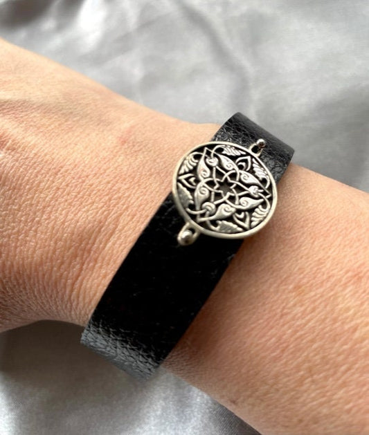 Armenian Ornamental Art 925 Silver & Leather Bracelet