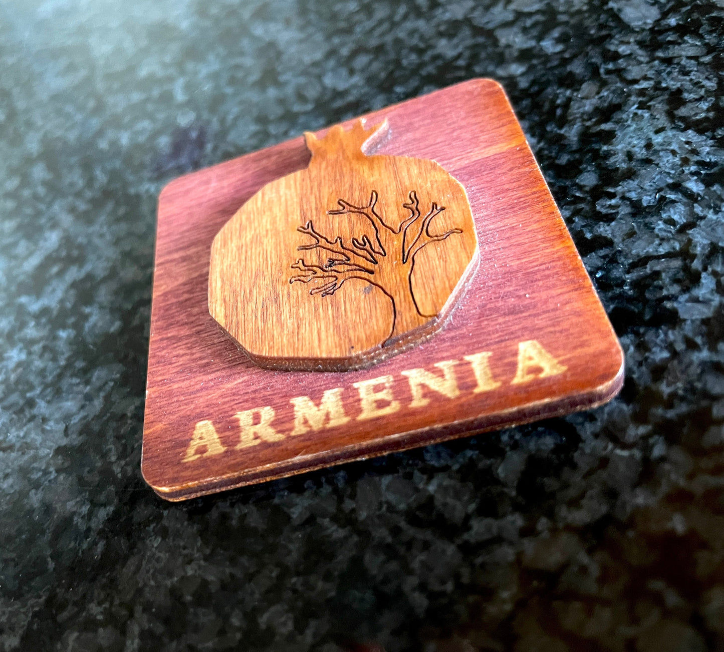 Magnet Armenian Pomegranate and Tree Motif Wood Square 5cm x 5cm
