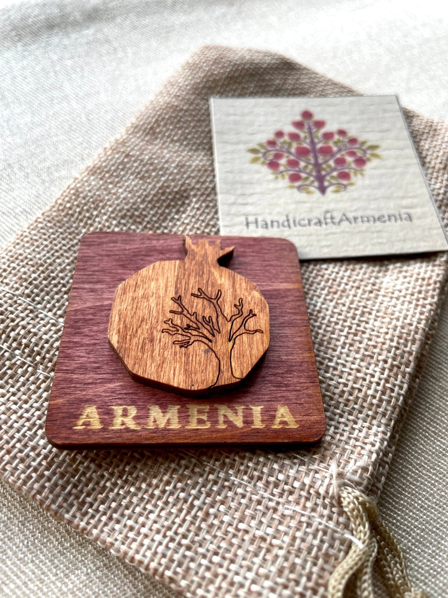Magnet Armenian Pomegranate and Tree Motif Wood Square 5cm x 5cm