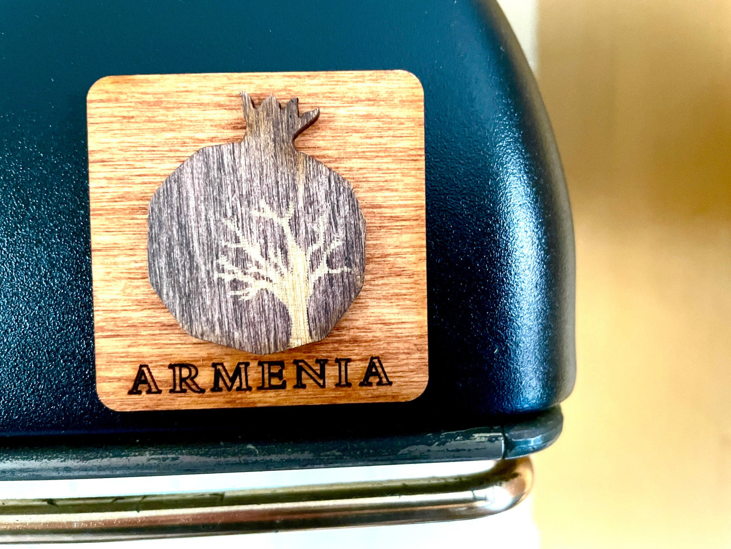 Magnet Armenian Pomegranate and Tree Motif Wood Square 5cm x 5cm
