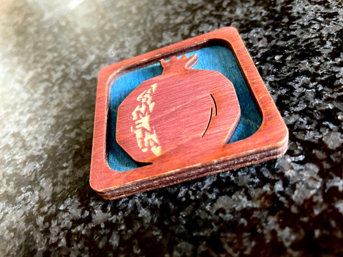 Magnet Armenian Pomegranate Motif Wood Square 5cm x 5cm - Armenia or Artsakh