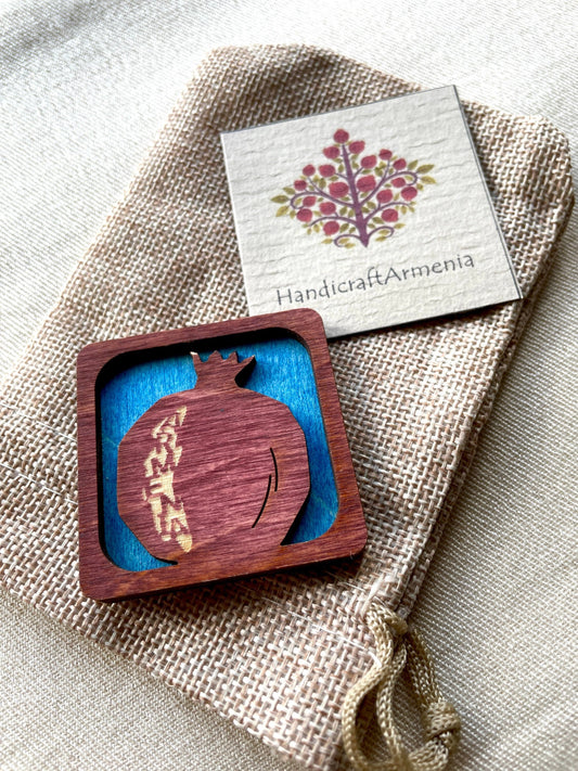 Magnet Armenian Pomegranate Motif Wood Square 5cm x 5cm - Armenia or Artsakh