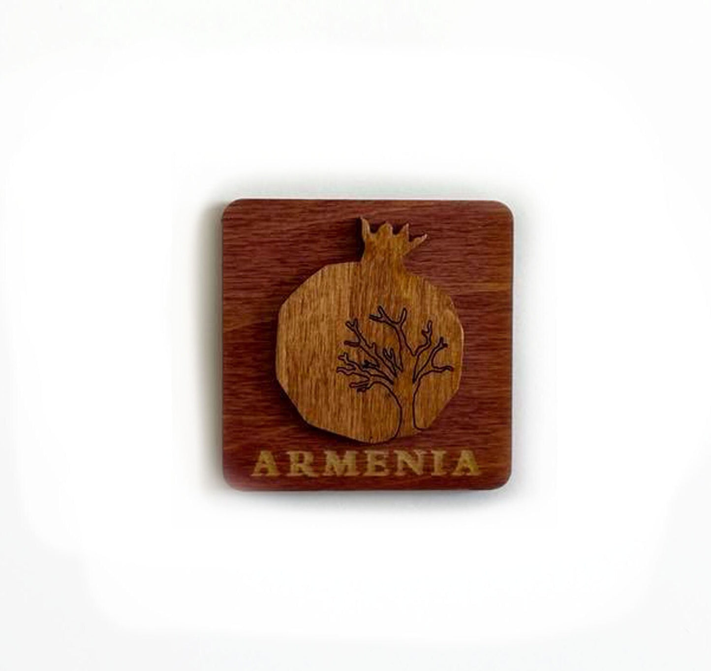 Magnet Armenian Pomegranate and Tree Motif Wood Square 5cm x 5cm