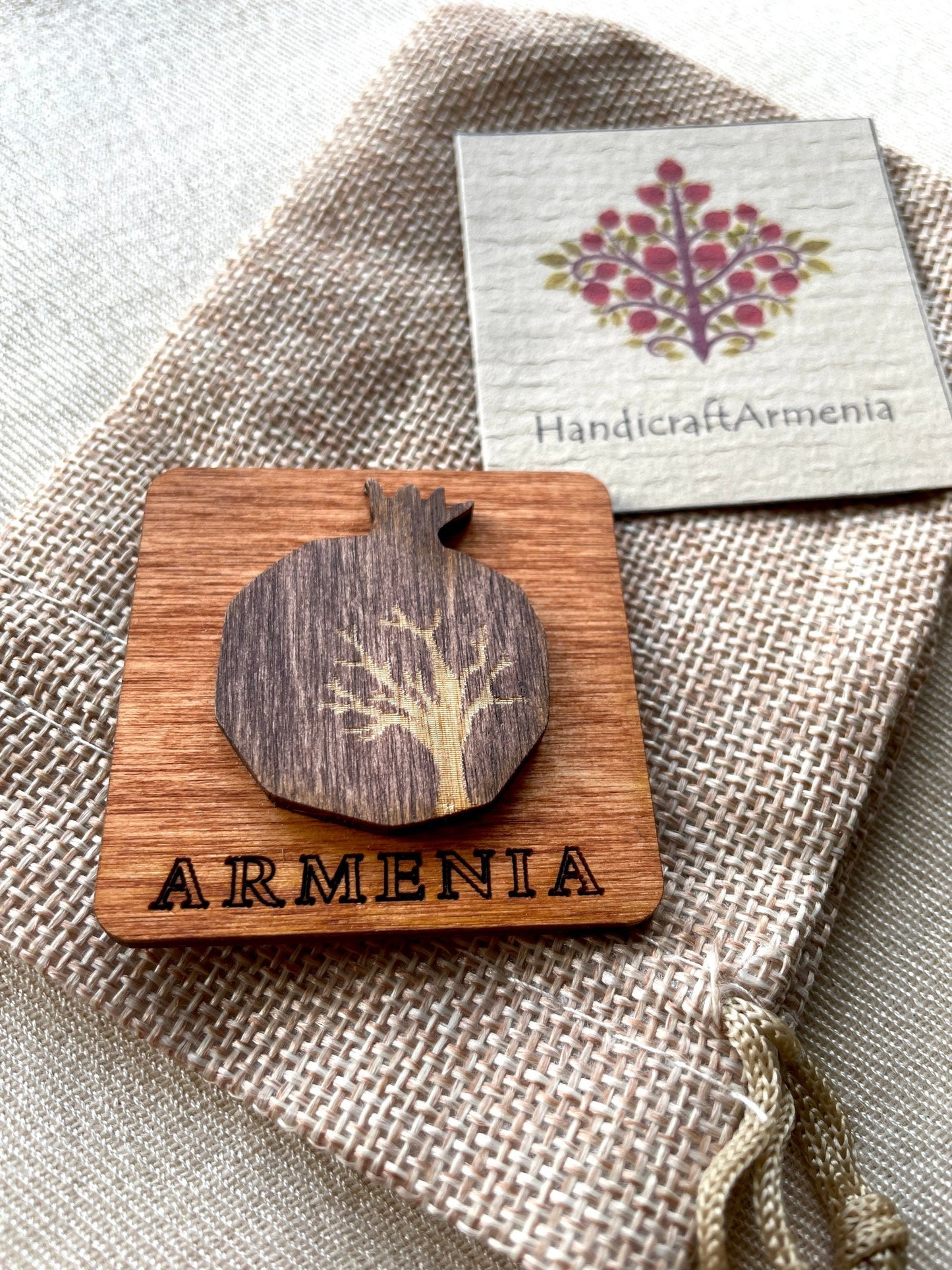 Magnet Armenian Pomegranate and Tree Motif Wood Square 5cm x 5cm