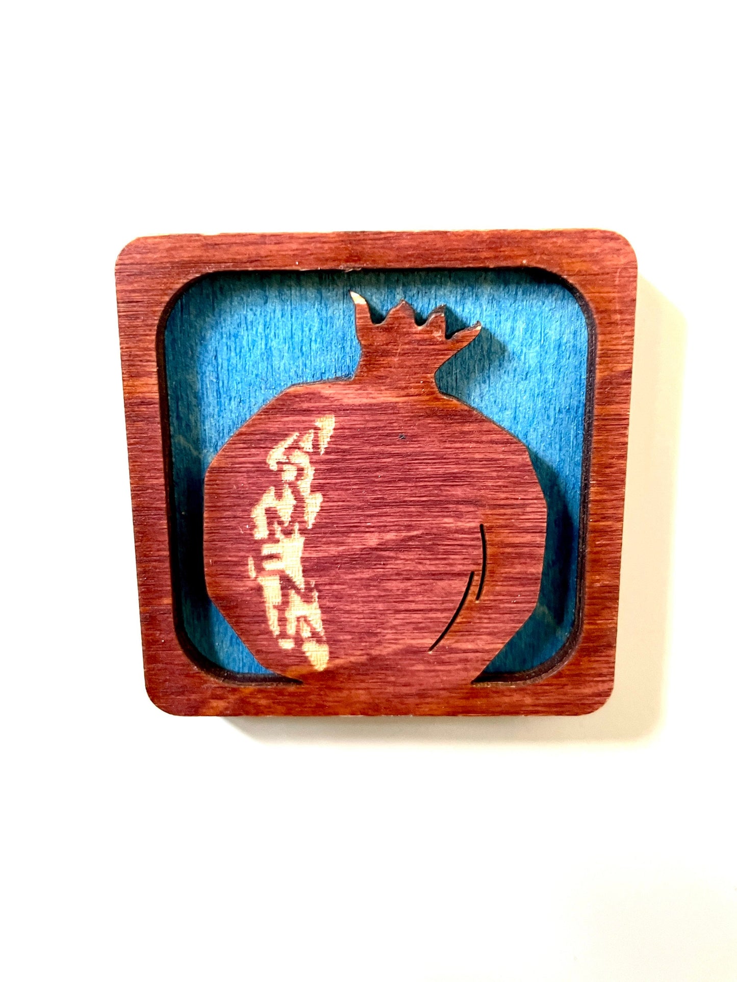 Magnet Armenian Pomegranate Motif Wood Square 5cm x 5cm - Armenia or Artsakh