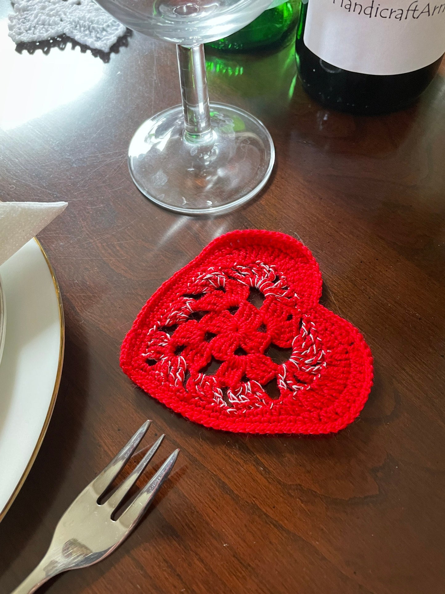 Crochet Red Heart Coasters, Set of 4