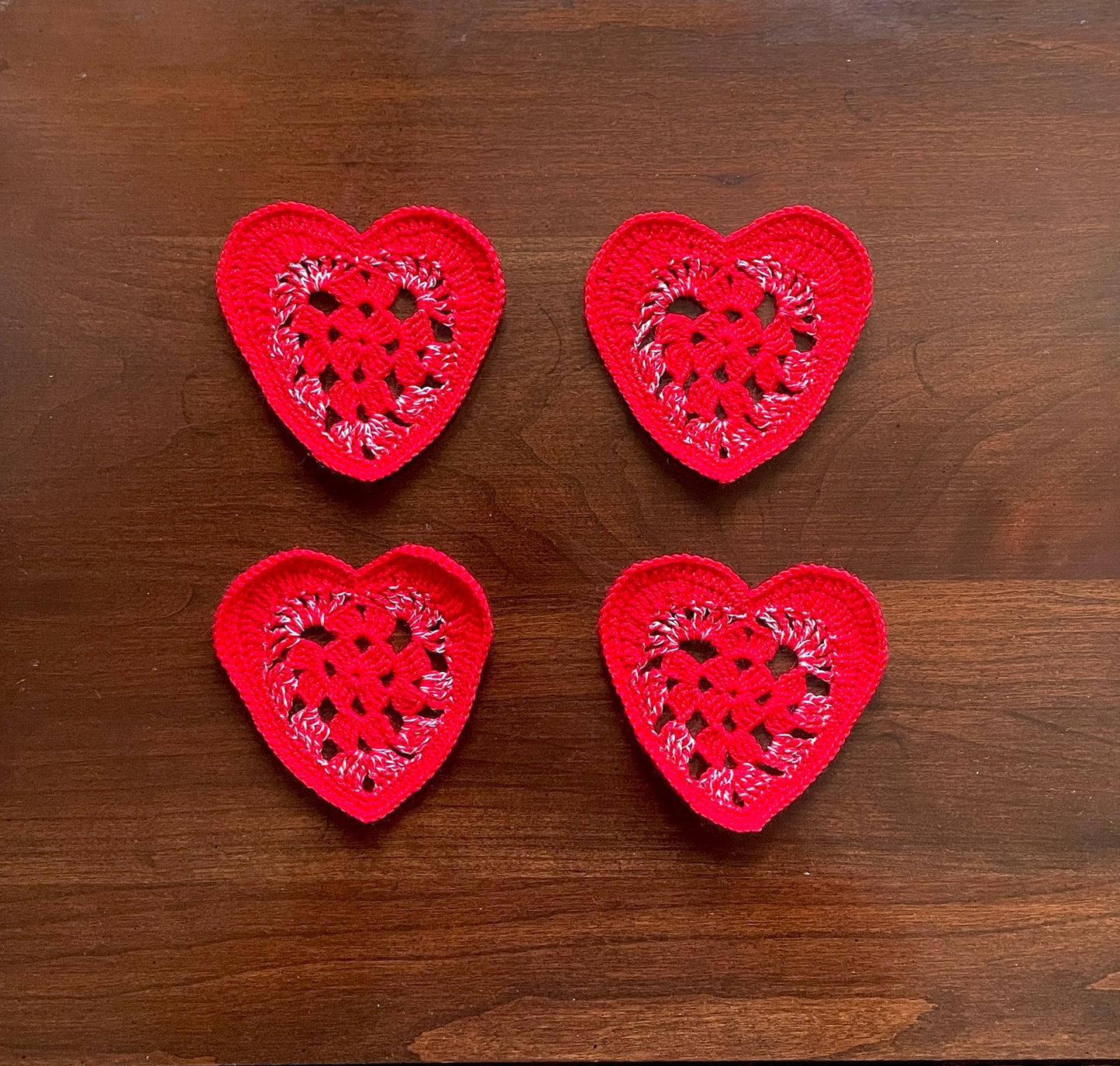 Crochet Red Heart Coasters, Set of 4