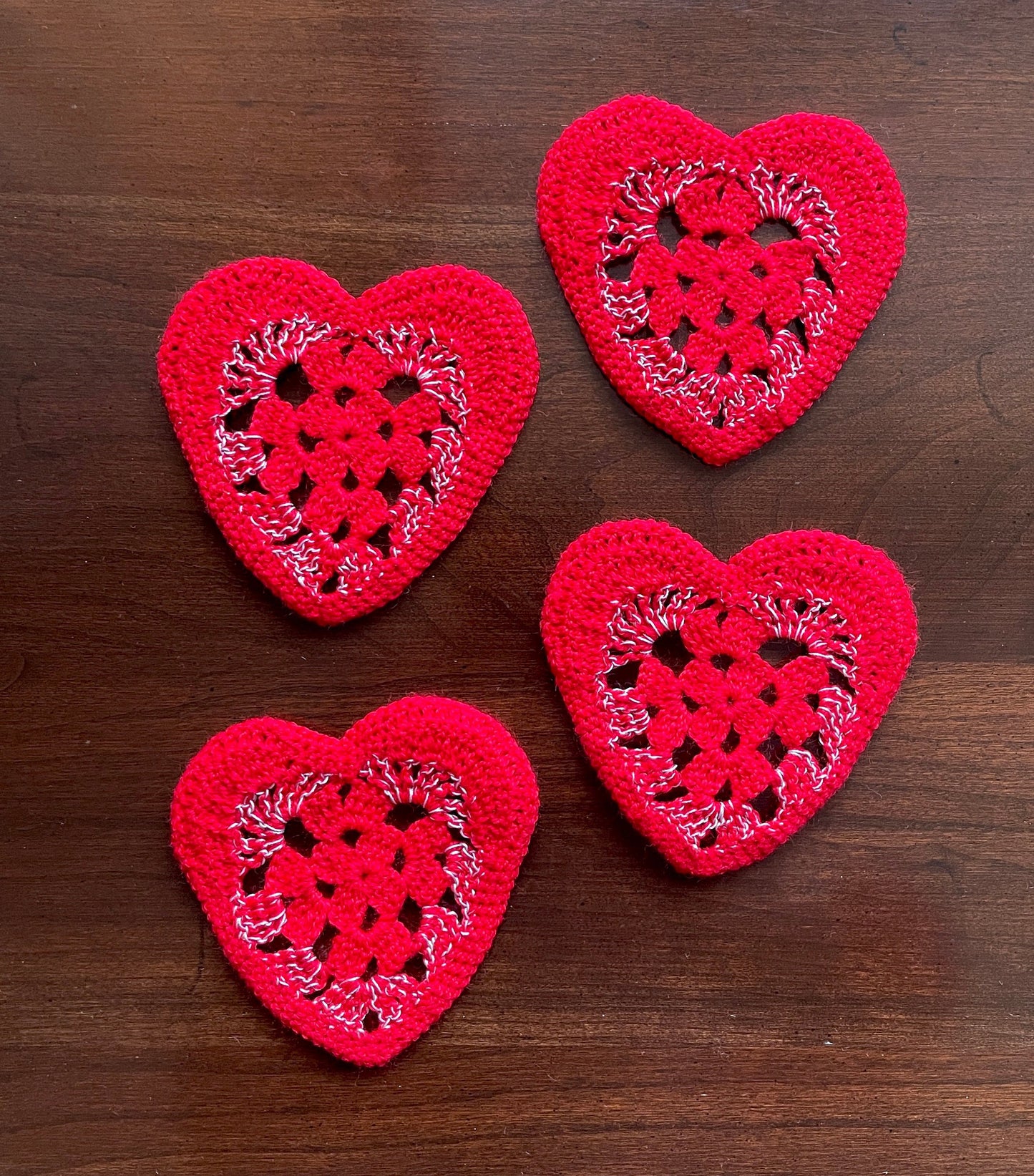 Crochet Red Heart Coasters, Set of 4