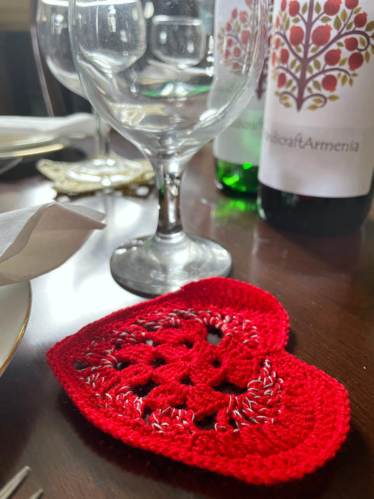 Crochet Red Heart Coasters, Set of 4