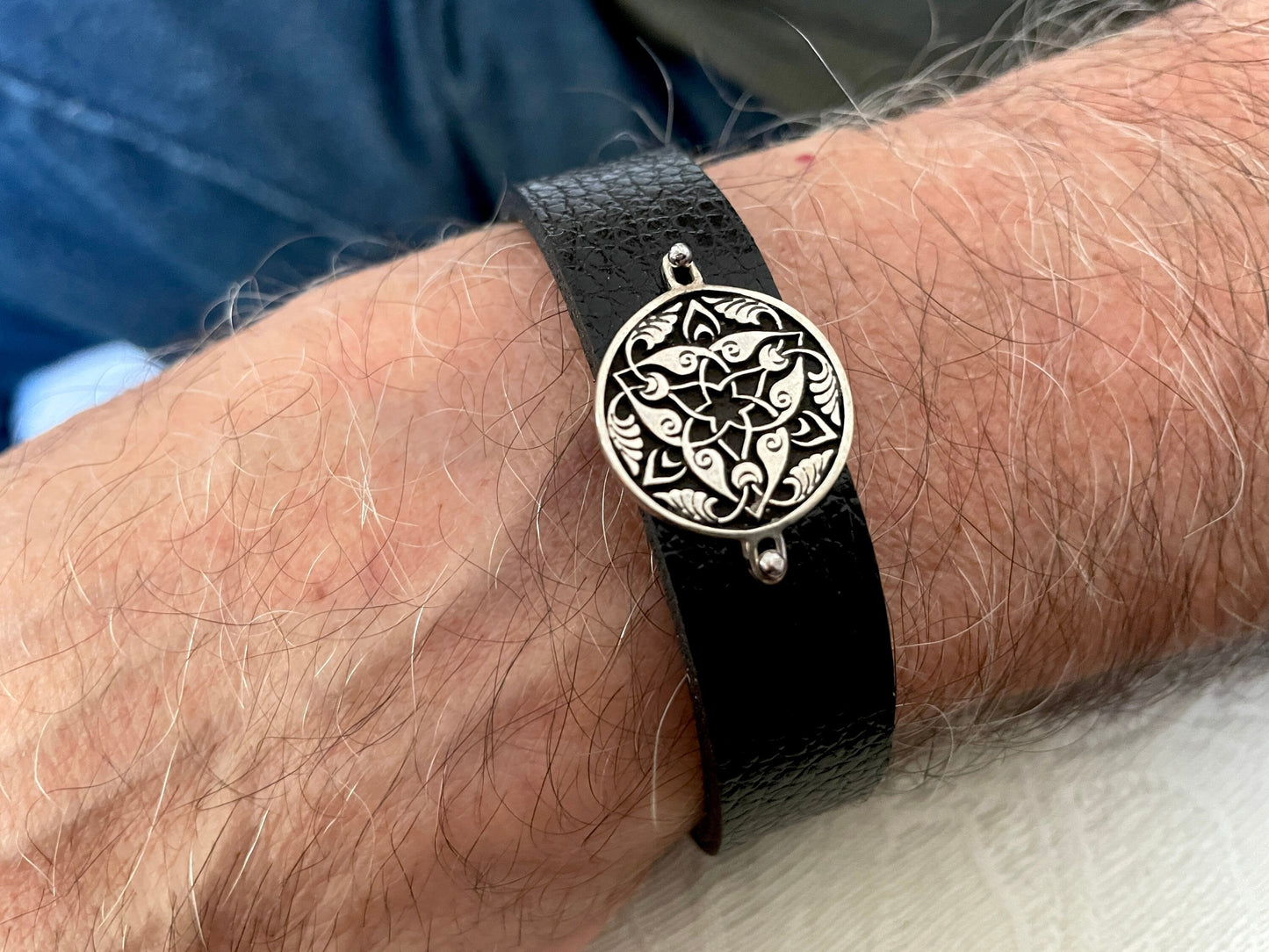 Armenian Ornamental Art 925 Silver & Leather Bracelet