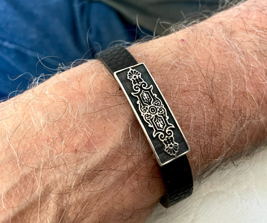 Art Deco 925 Sterling Silver & Leather Bracelet