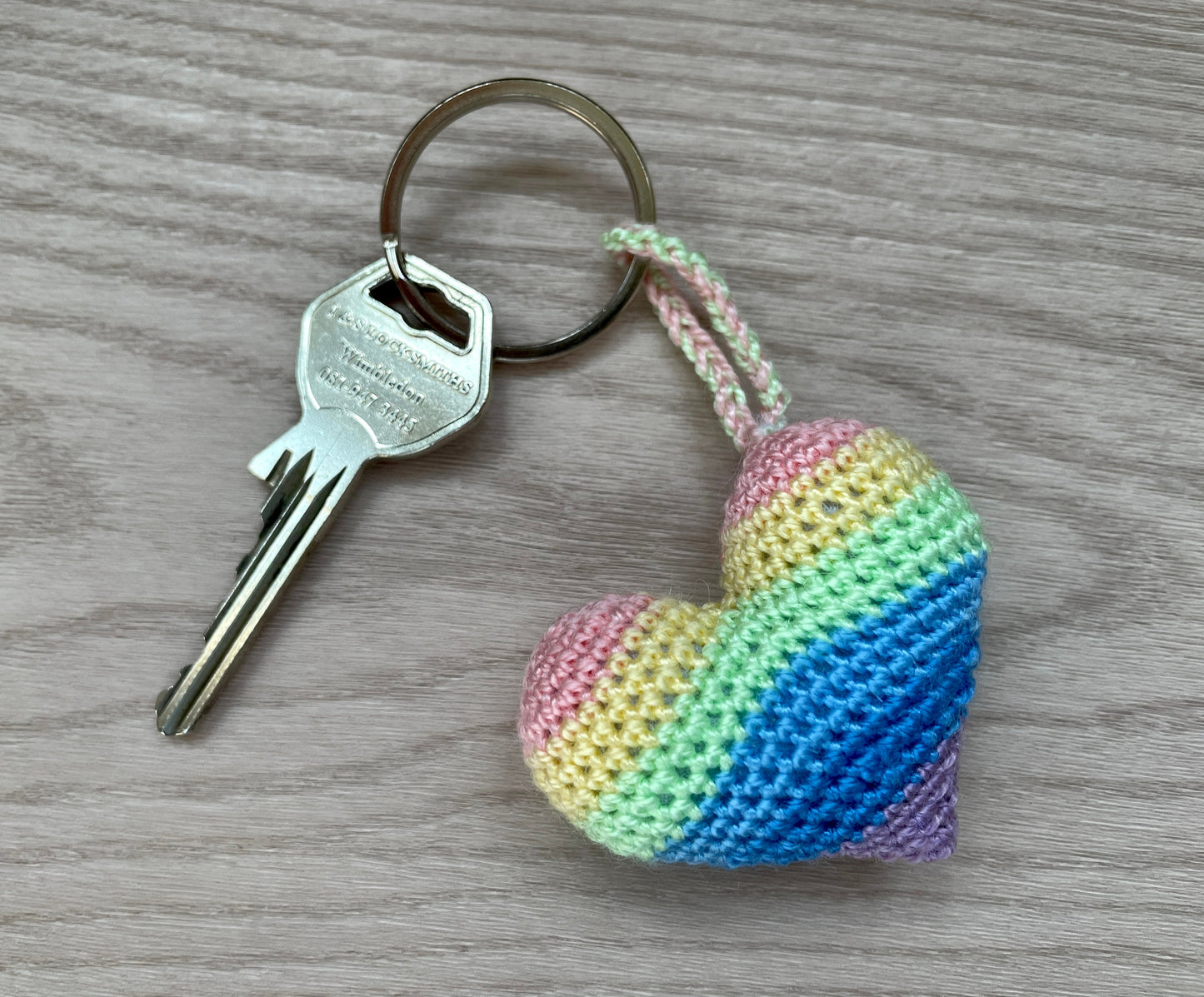 Crochet Pastel Rainbow Heart Keyring Accessory