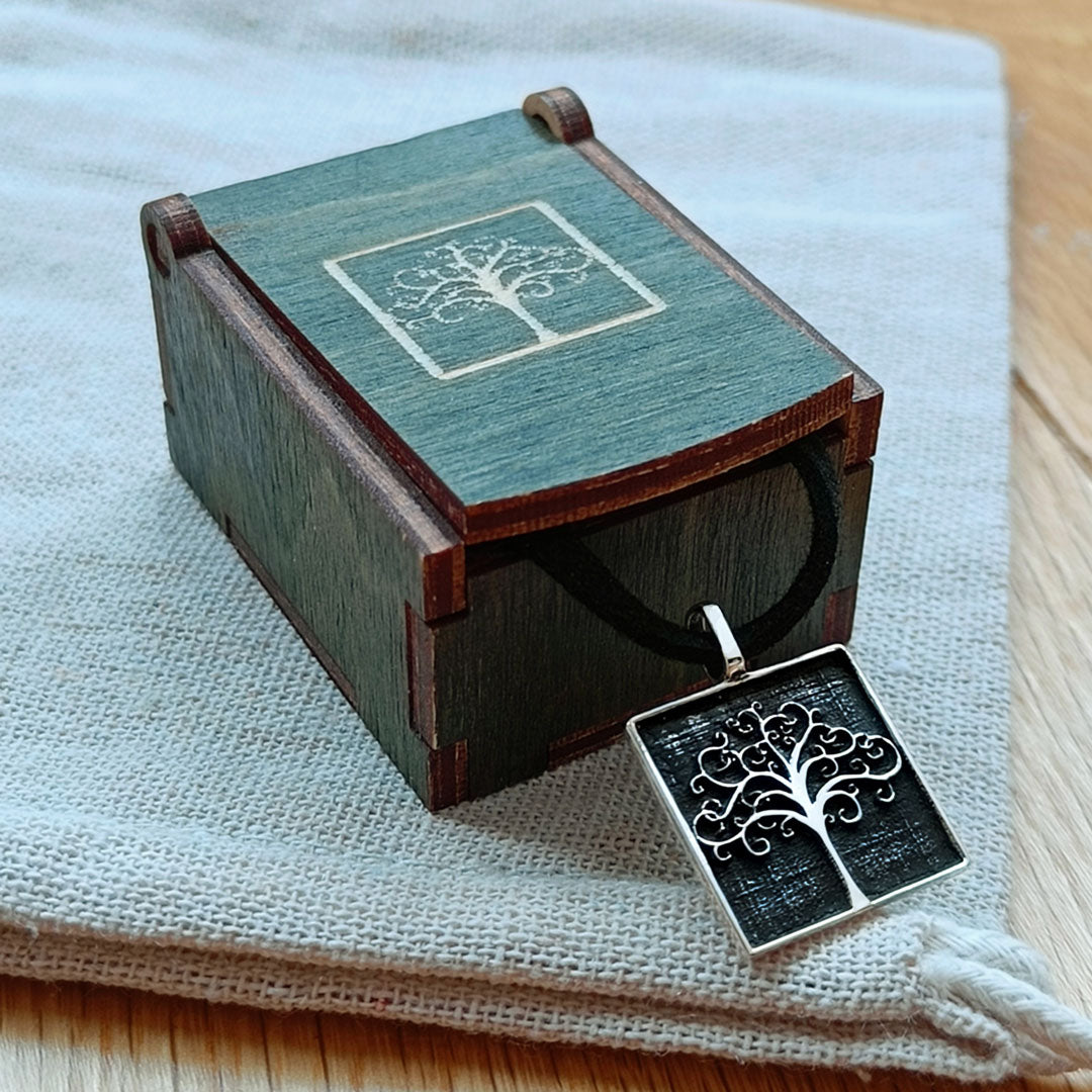 Square Tree of Life, 925 Sterling Silver Pendant Necklace with Keepsake Box