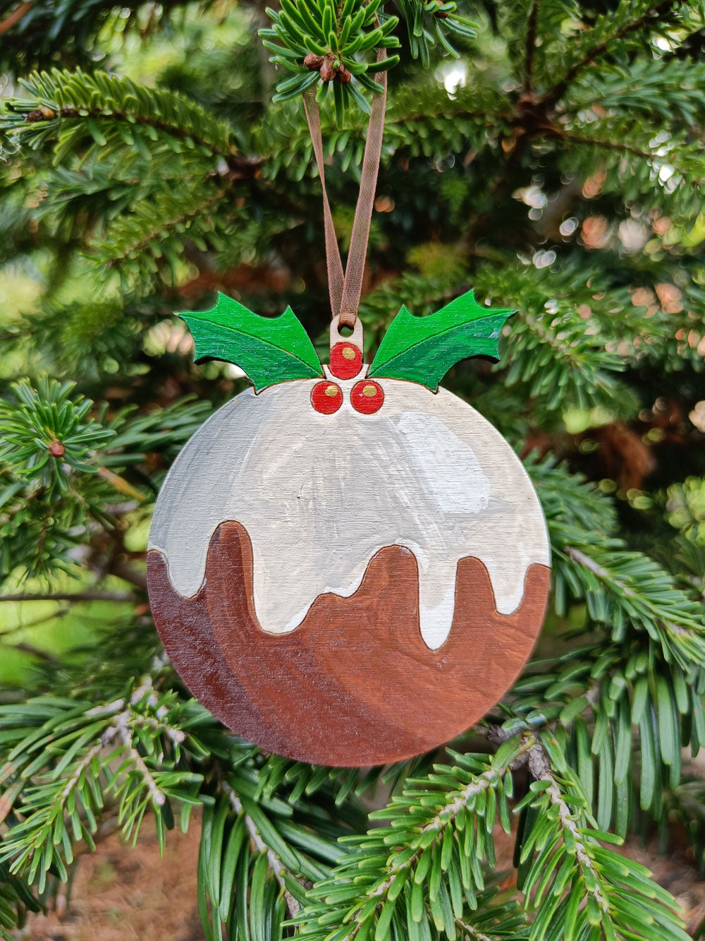 Hand Painted Wood Traditional Christmas Pudding -  Christmas Tree Ornament