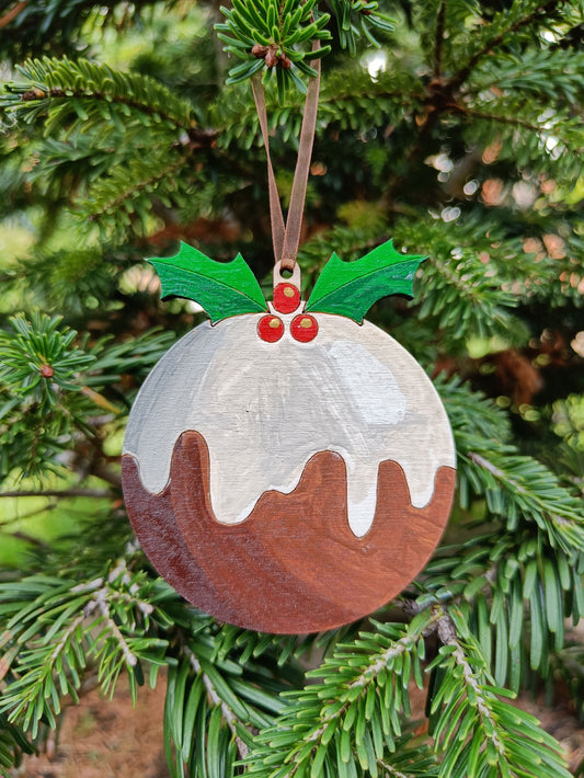 Hand Painted Wood Traditional Christmas Pudding -  Christmas Tree Ornament