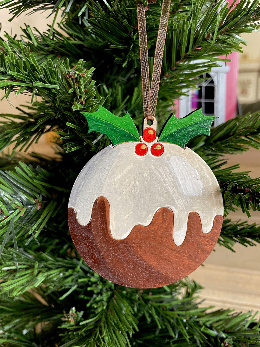 Hand Painted Wood Traditional Christmas Pudding -  Christmas Tree Ornament