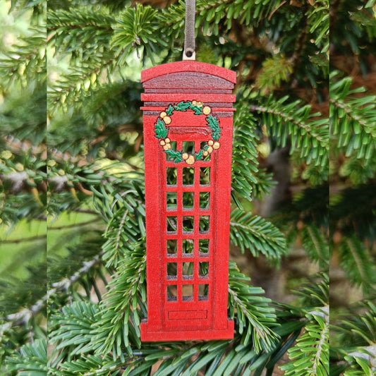 Hand Painted Traditional British Telephone Box with Wreath - Christmas Tree Ornament