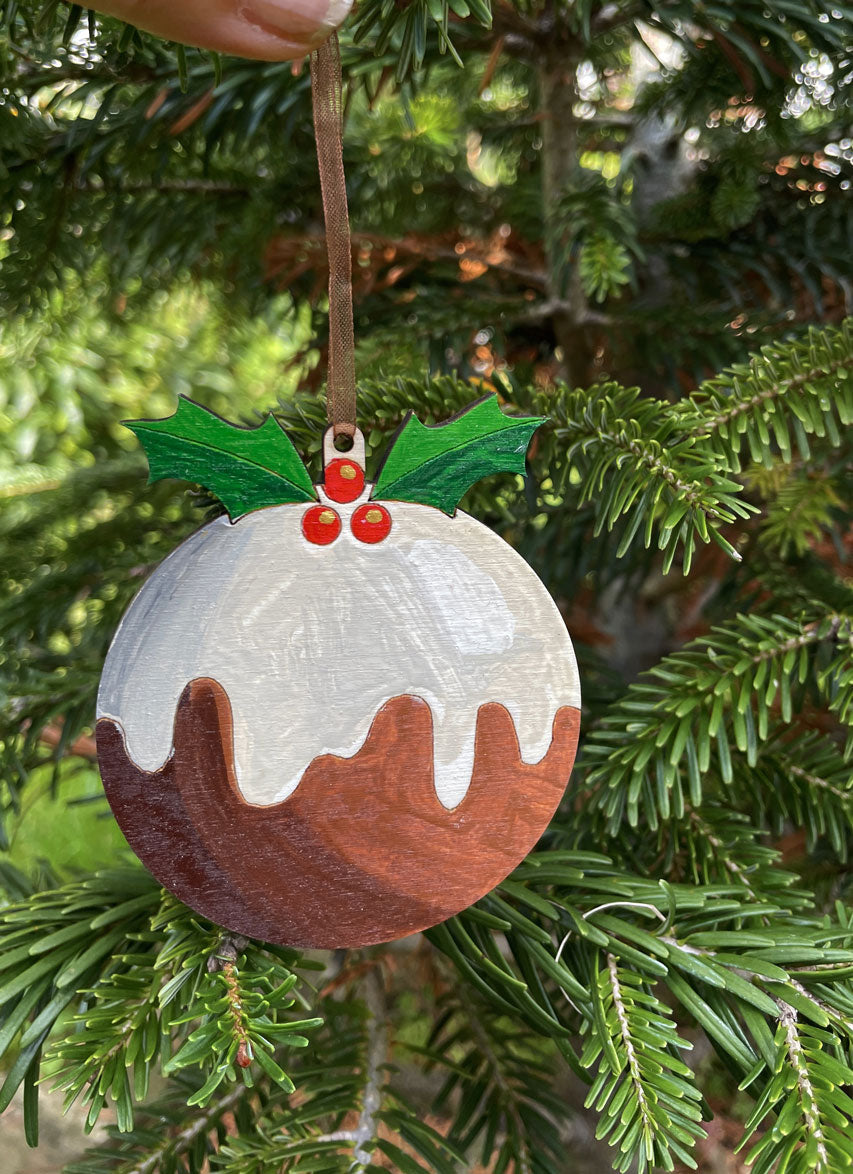 Hand Painted Wood Traditional Christmas Pudding -  Christmas Tree Ornament