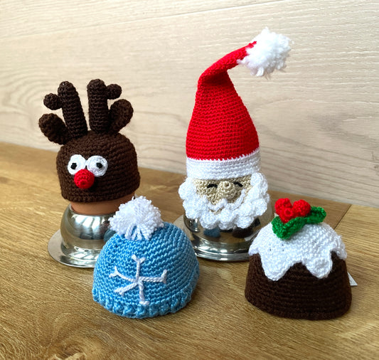 Christmas Holiday Crochet Egg Cosy Sets - Santa, Snowman, Reindeer, Christmas Pudding and More!