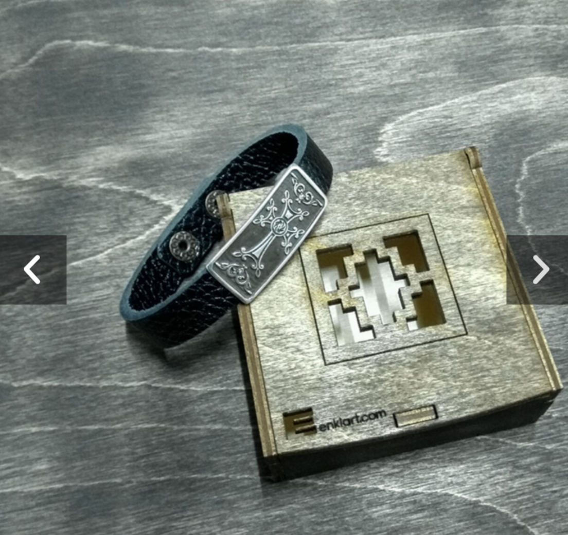 Armenian Cross Khachkar Bracelet 925 Sterling Silver & Leather