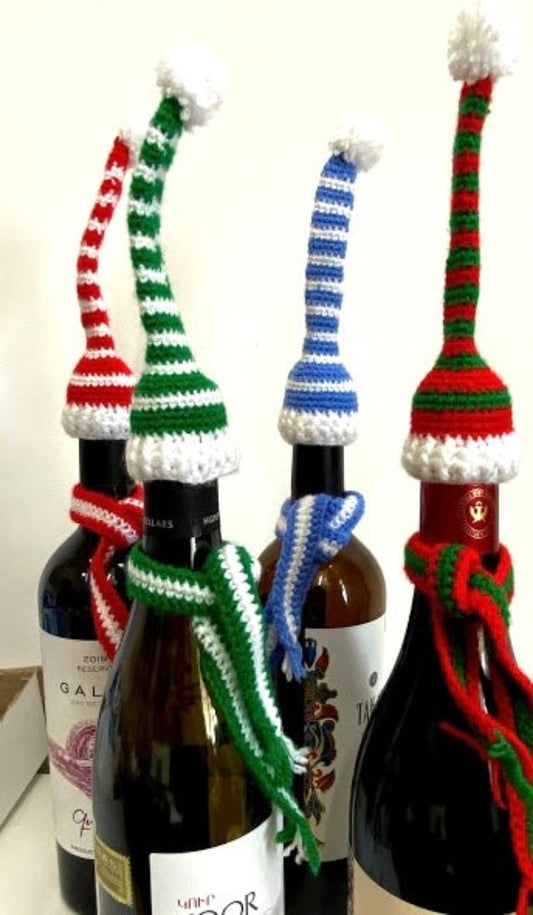Crochet Holiday Hat and Scarf Wine Bottle Decor