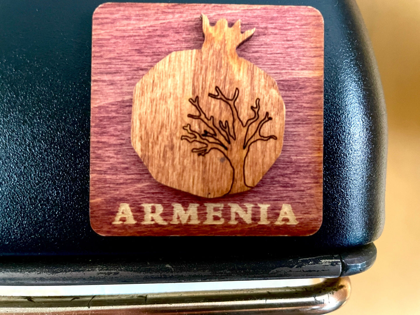 Magnet Armenian Pomegranate and Tree Motif Wood Square 5cm x 5cm