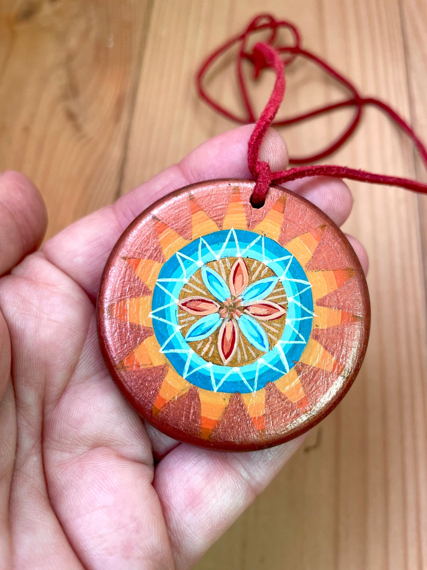 Hand Painted Sunburst Flower Pendant Necklace