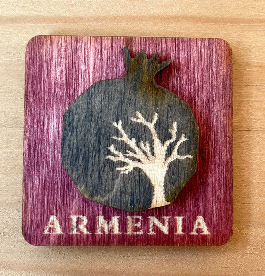 Magnet Armenian Pomegranate and Tree Motif Wood Square 5cm x 5cm