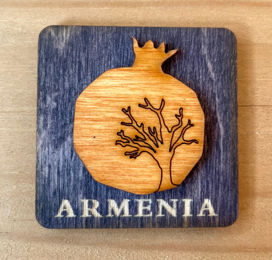 Magnet Armenian Pomegranate and Tree Motif Wood Square 5cm x 5cm