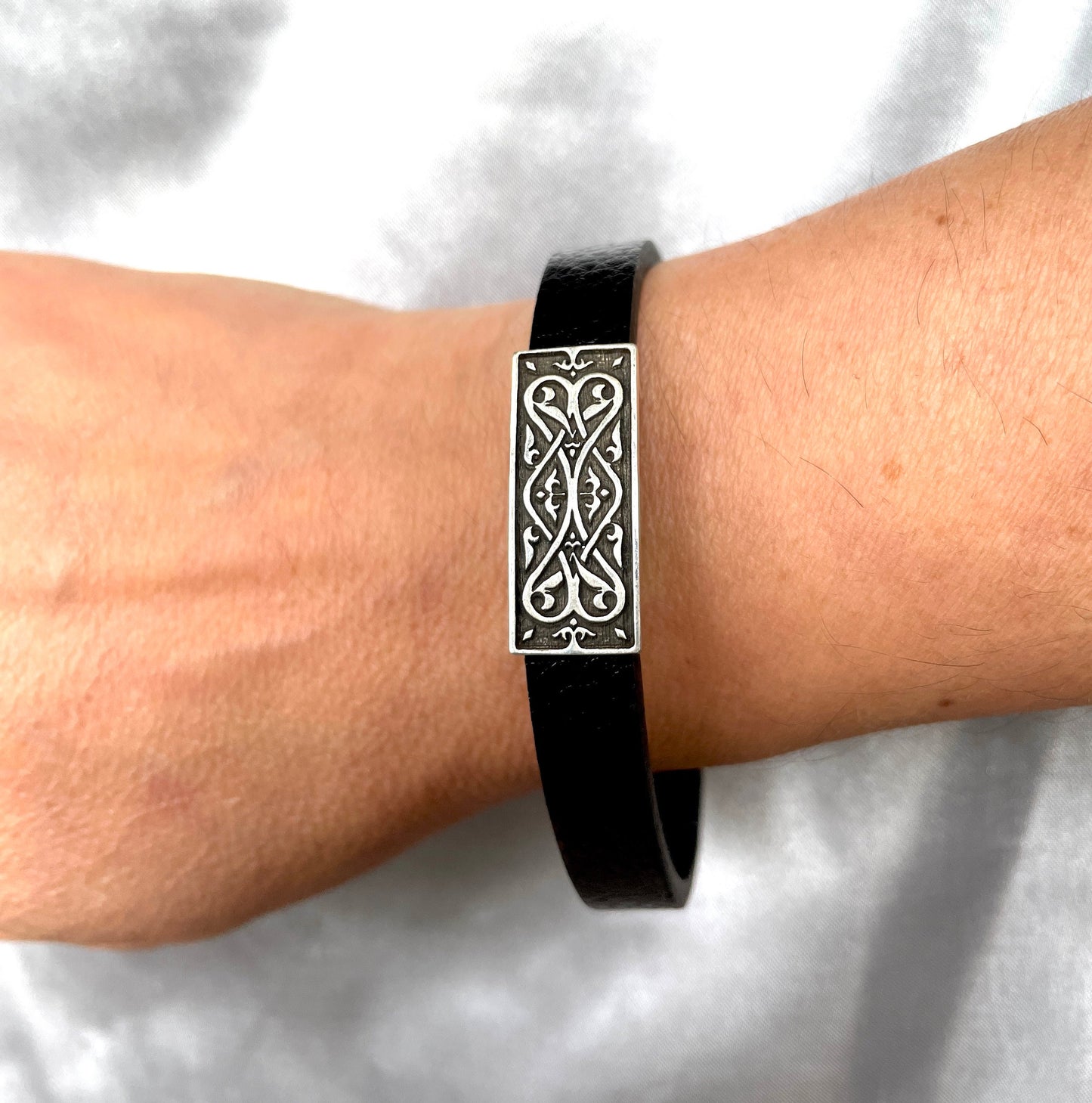 Ornamental Bird 925 Sterling Silver and Leather Bracelet