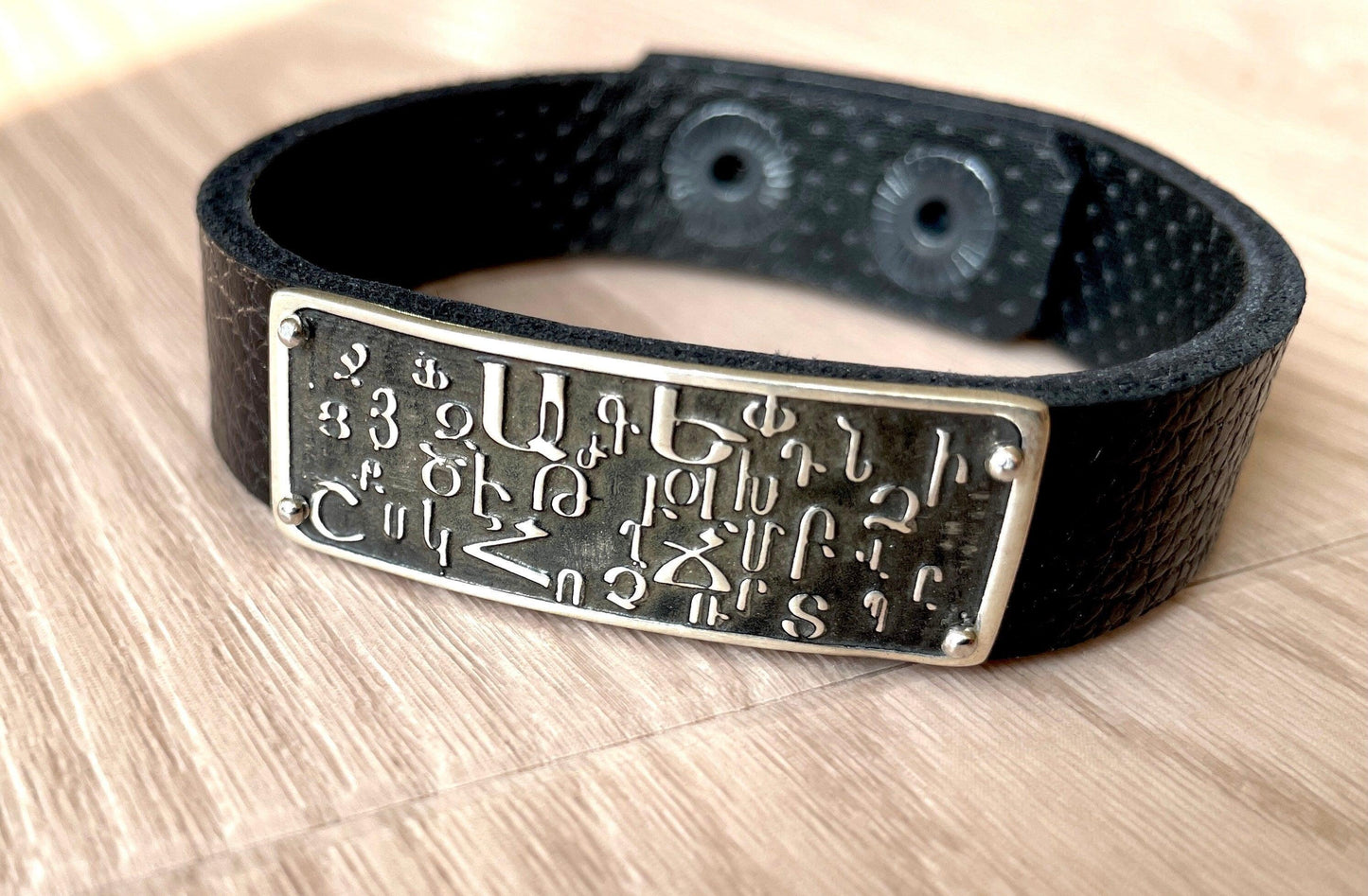Armenian Alphabet 925 Sterling Silver & Leather Bracelet