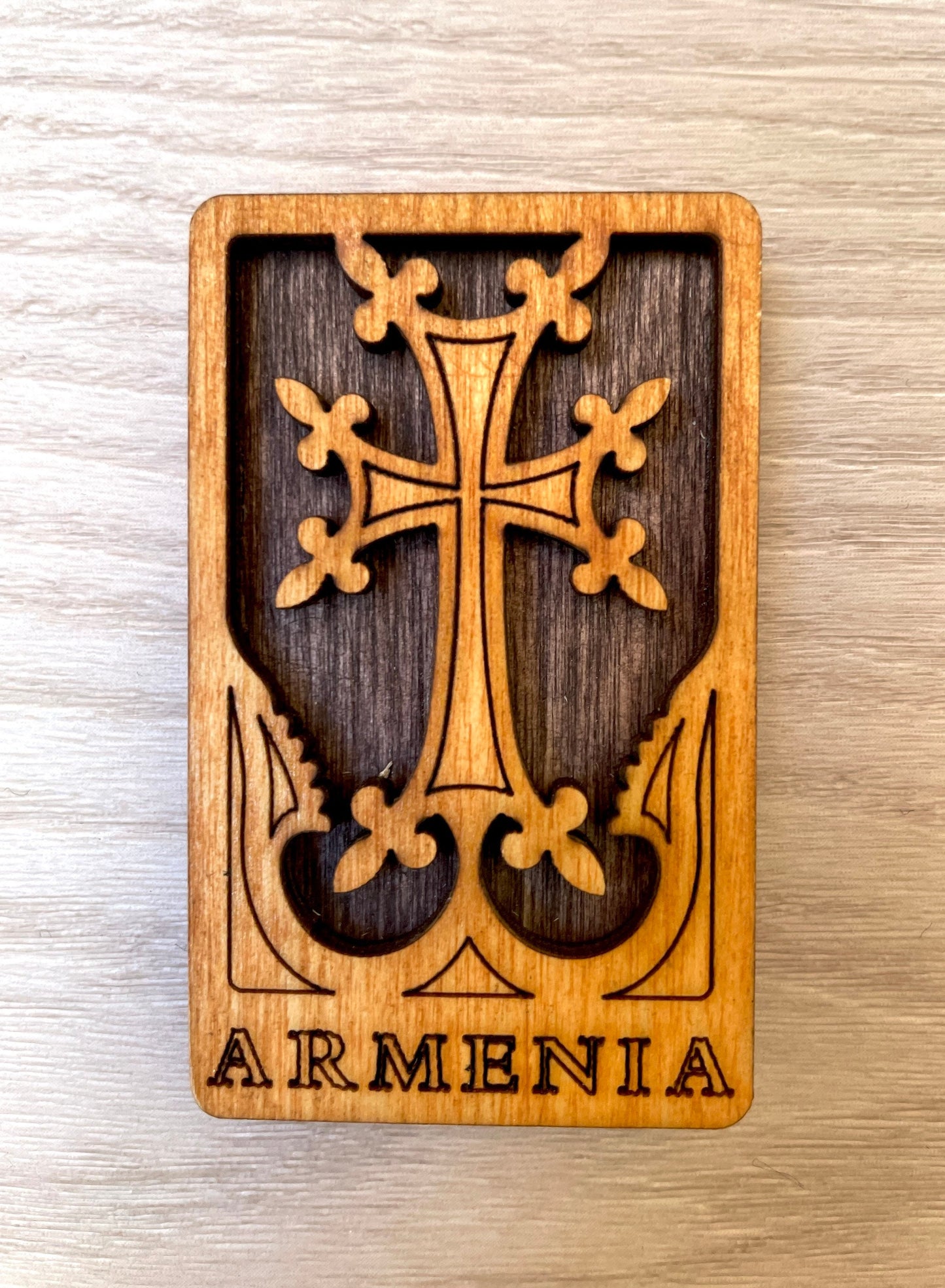 Magnet Cross Armenian Khachkar Wood Square 4cm x 6.5cm