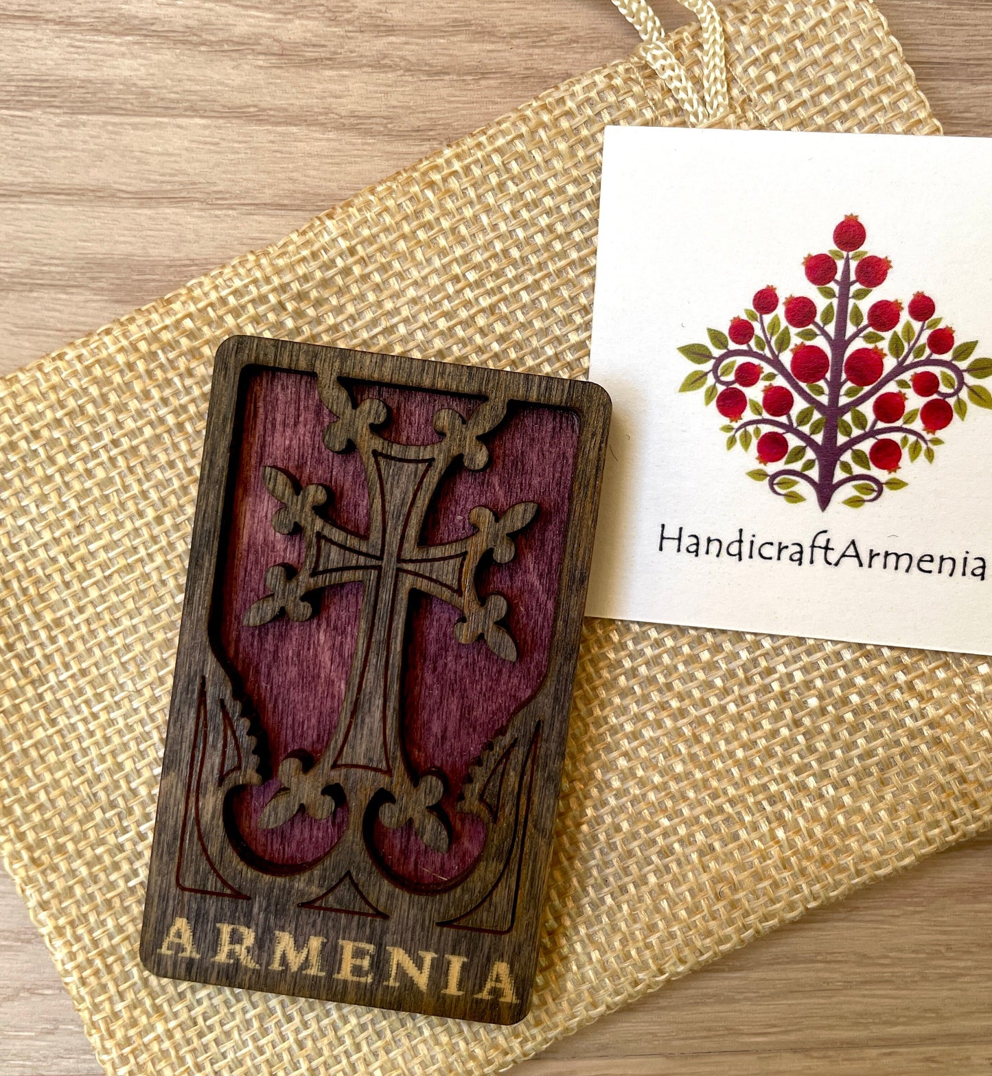 Magnet Cross Armenian Khachkar Wood Square 4cm x 6.5cm