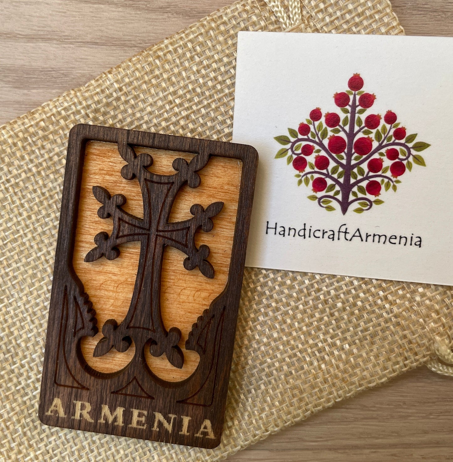 Magnet Cross Armenian Khachkar Wood Square 4cm x 6.5cm