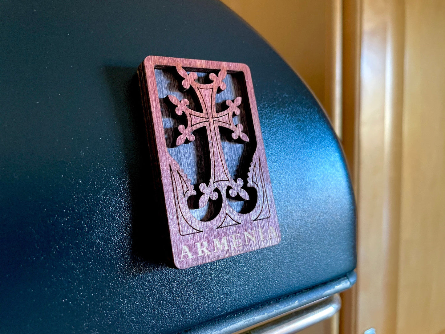 Magnet Cross Armenian Khachkar Wood Square 4cm x 6.5cm
