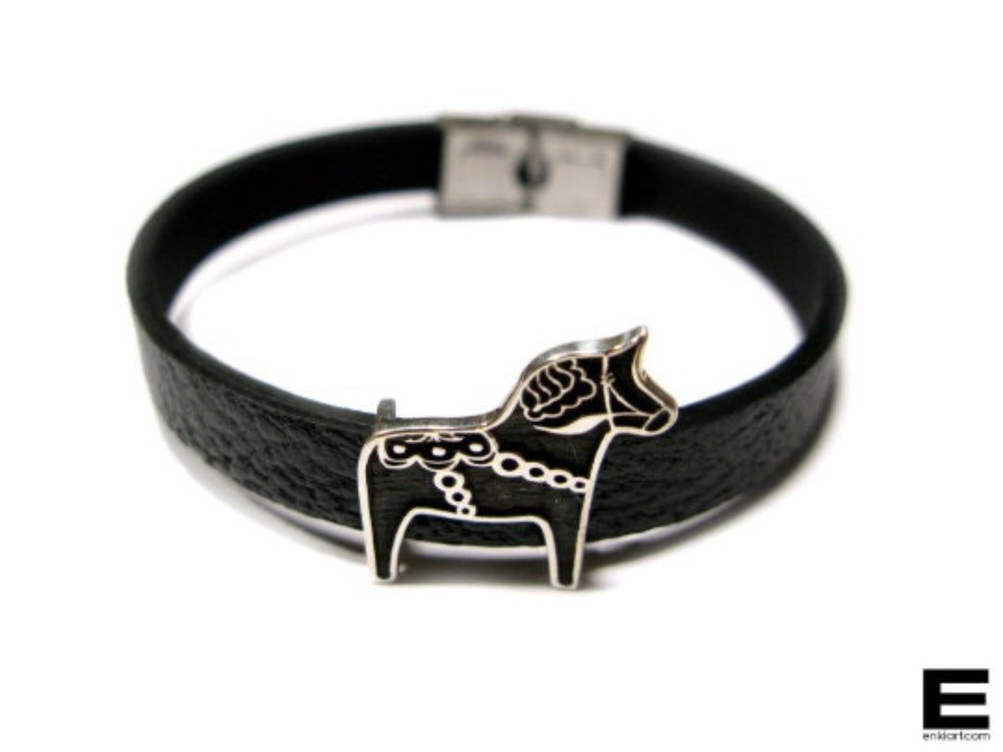 Dala Horse 925 Sterling Silver & Leather Bracelet
