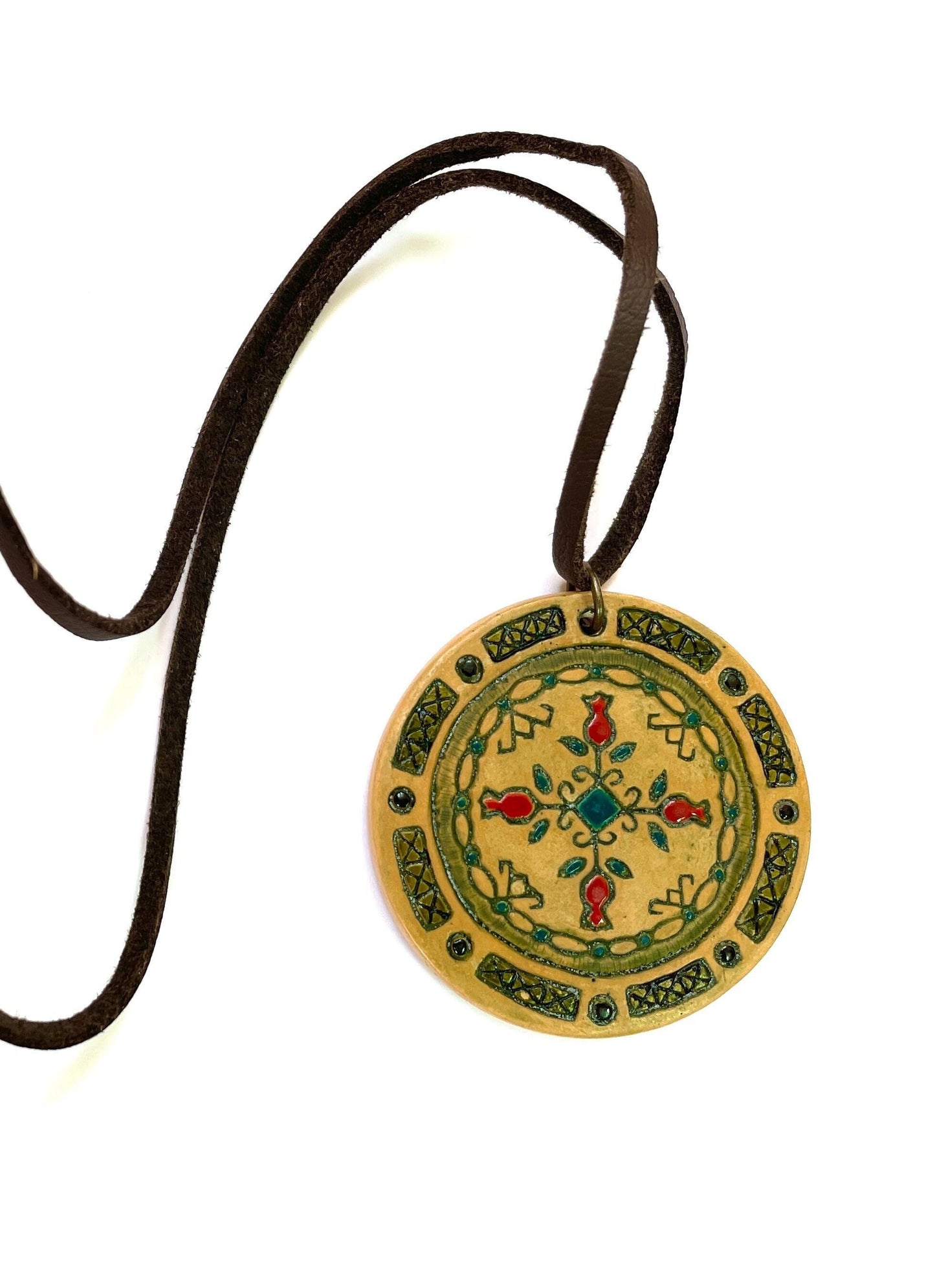 Ceramic Handpainted Geometric Pomegranate Pendant Necklace