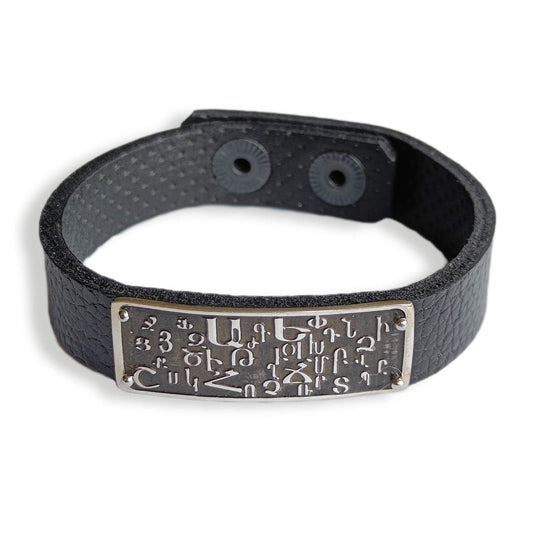 Armenian Alphabet 925 Sterling Silver & Leather Bracelet