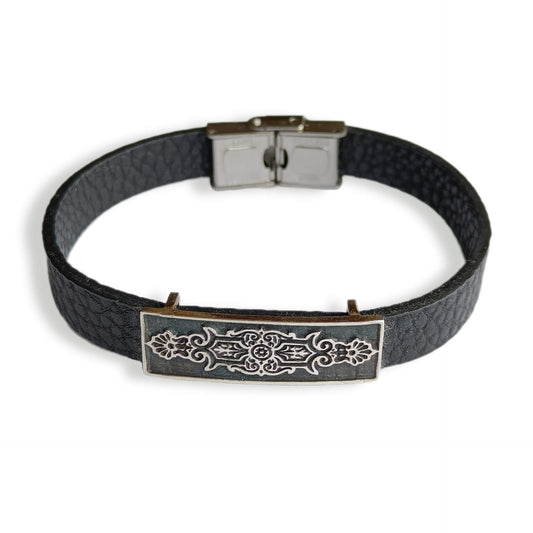Art Deco 925 Sterling Silver & Leather Bracelet